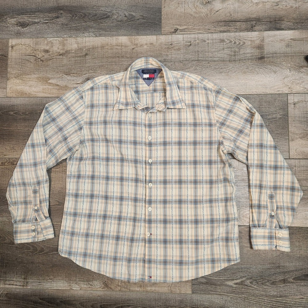 Tommy Jeans Y2K Button Down Shirt Mens XL Tan Blue Fair Distressed Plaid 2003